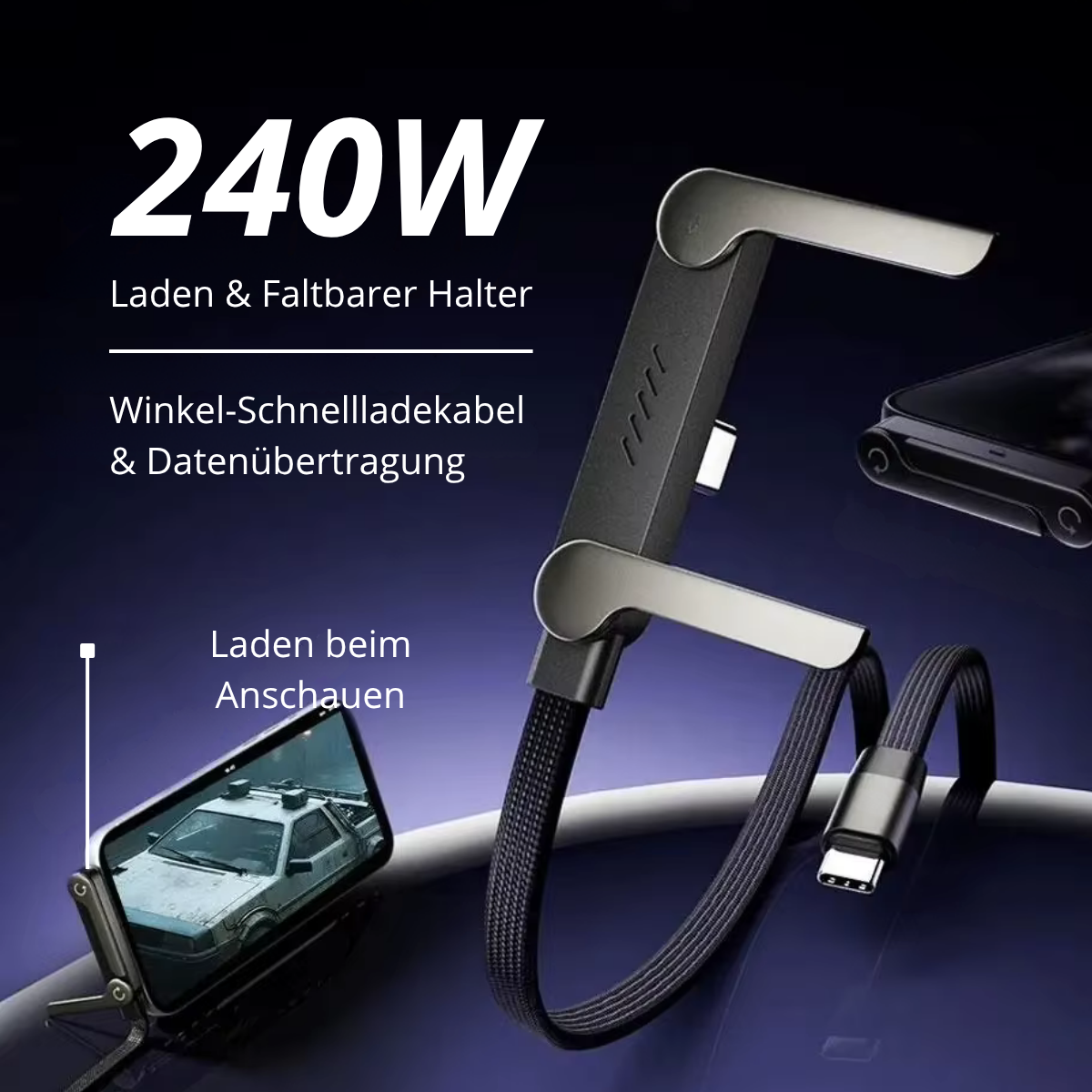 240W USB-C auf USB-C Kabel (1,5m) – Schnellladekabel mit innovativem Handy-Ständer & 180° Winkelstecker